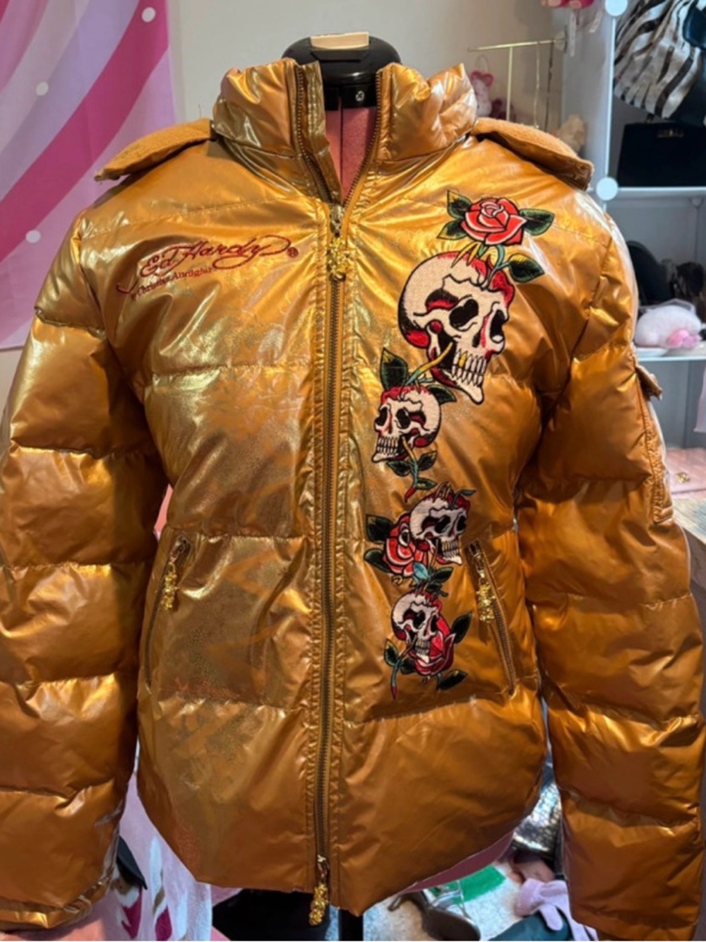 Ed Hardy Gold Metallic Puffer Jacket with Red Rose Embroidery